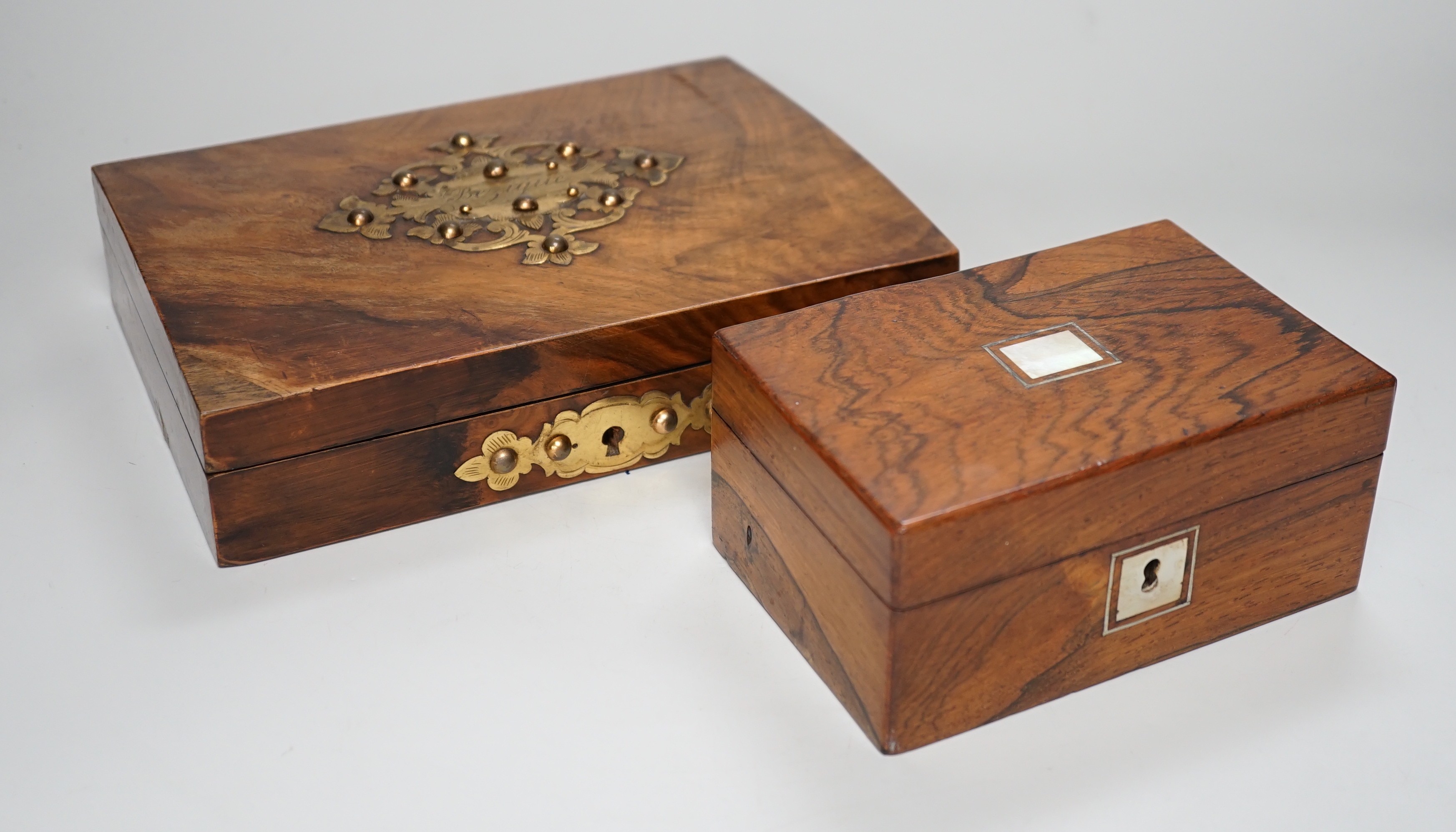 A Victorian walnut and brass 'Bezique' games box and a rosewood box. Largest 23cm wide
